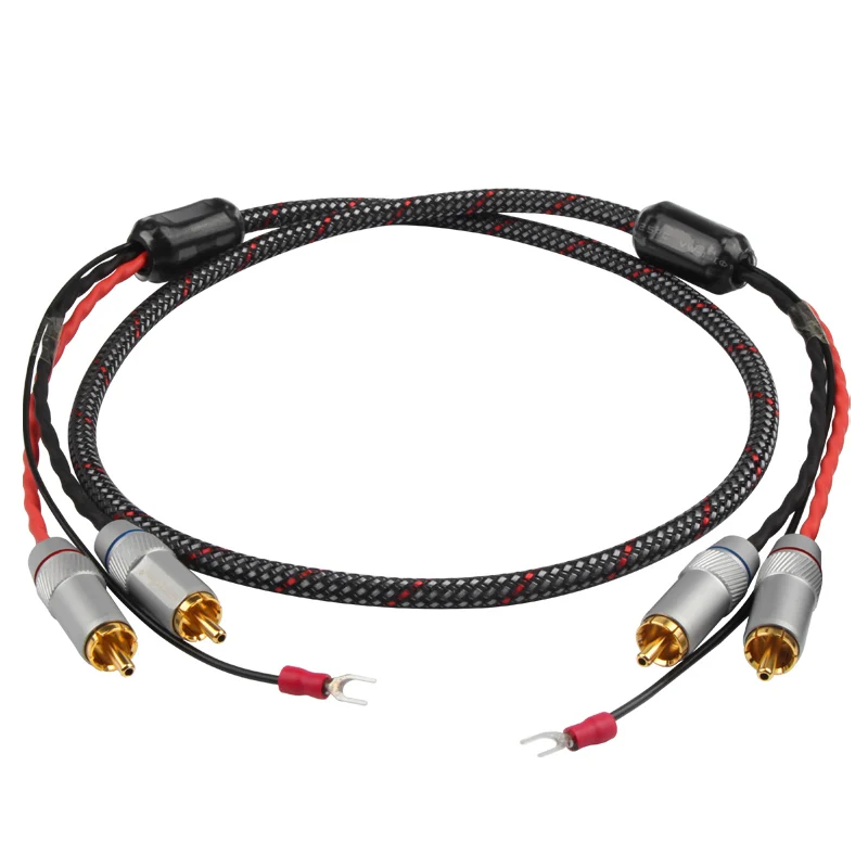 QINCROWN HIFI Pure Copper Silver Plated 2 RCA to 2 RCA Audio Cable Vinyl Phonograph Signal Line With Ground Wire Y Spade Plug