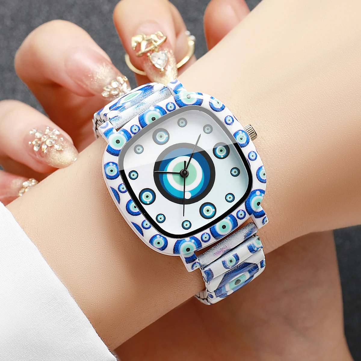 Fashion Blue Evil Eye Square Women's Quartz Watch Elastic Strap Wristwatches Relogio Feminino（Without Box） image 2