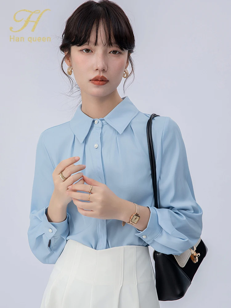 

H Han Queen 2025 Autumn Women Blouses Simple Work Casual Woman Clothing Office Vintage Long Sleeve Tops Single Breasted Shirts
