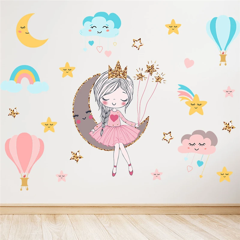 Happy Girl Star Moon Balloon Cloud Pattern Wall Stickers For Kids Room Decor Cartoon Mural Art Diy Home Decal Pvc Poster
