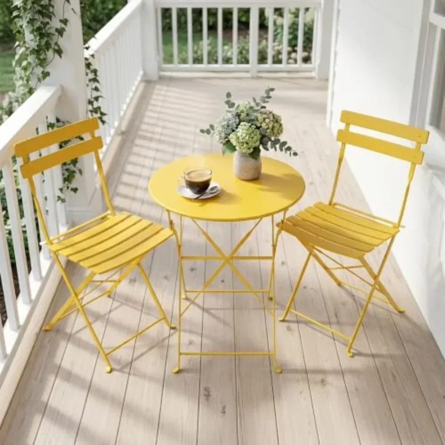 3-Piece Patio Bistro Set for Balcony Garden Porch: Folding Outdoor Table and Chairs with Sturdy Steel Frame, Black, No Assembly