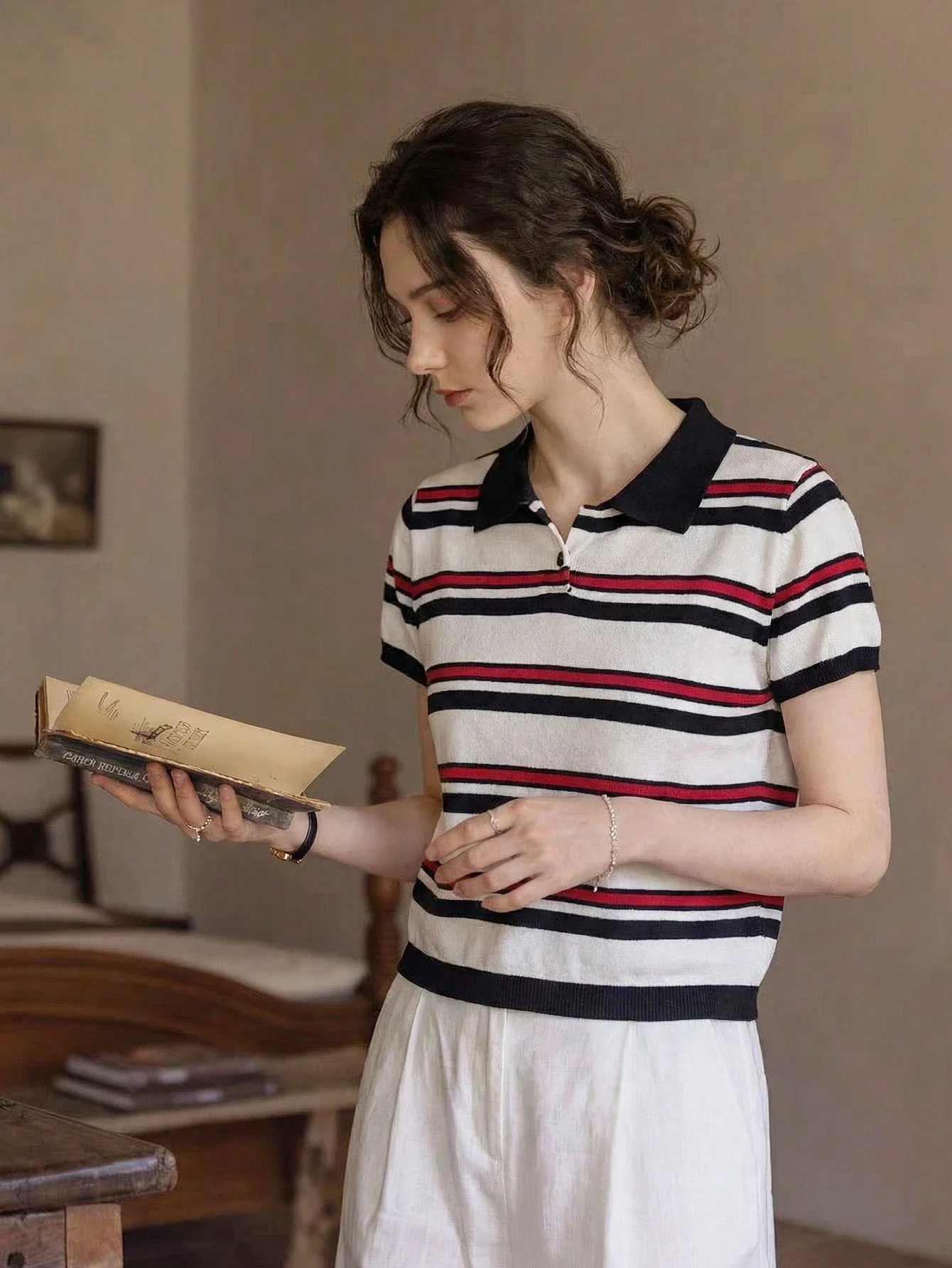 

Women's Striped Polo Collar Knit Pullover Sweater Casual Spring Summer