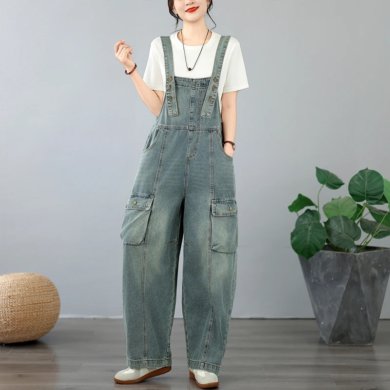 Loose Fitting Casual Denim Overalls Light Wash Tummy Covering plus Size Women's Long Jeans Cotton Polyester Blend