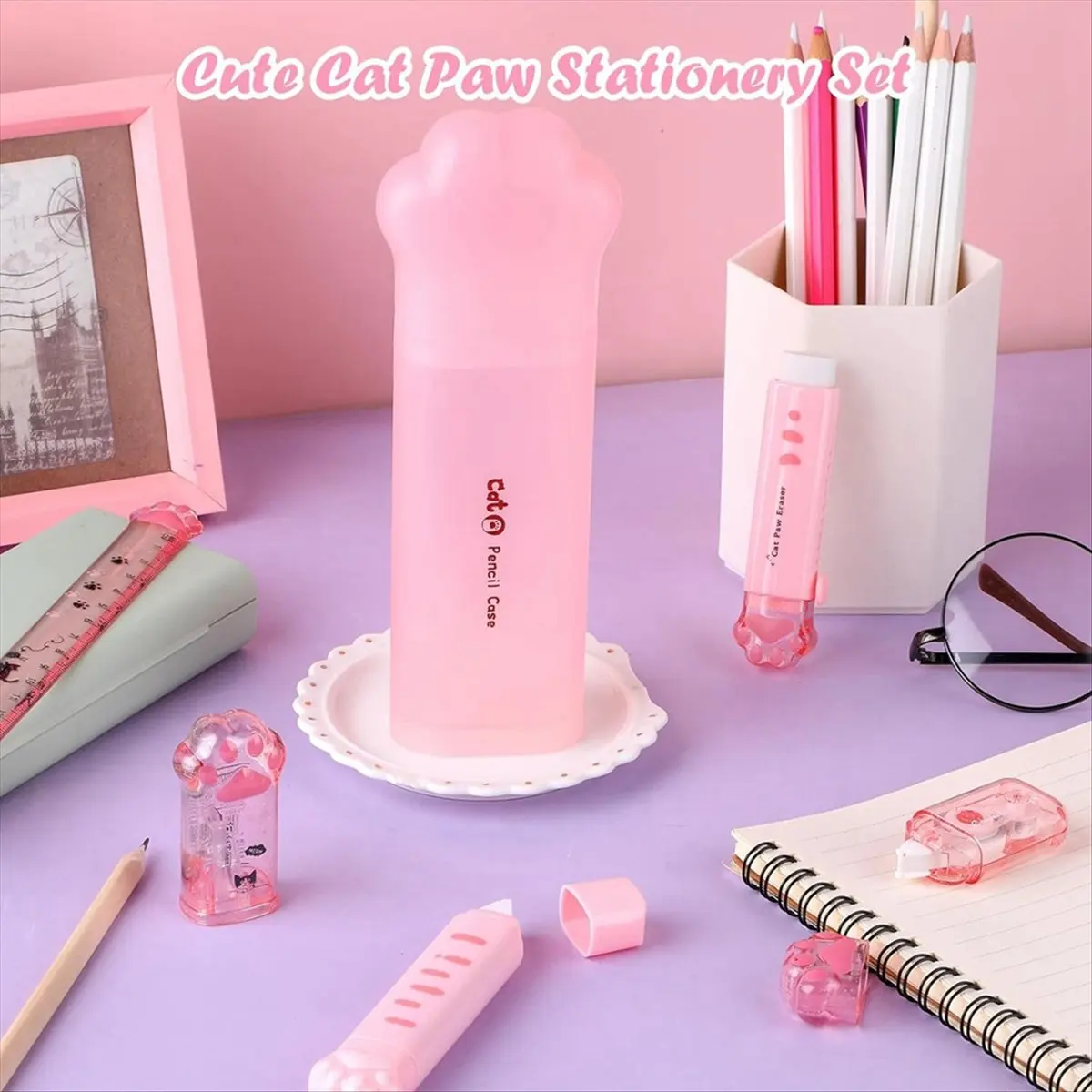 ABZT Cute Cat Stationery Set, 6 Pcs Kawaii Cat Stationary Kit Pencil Sharpener Retractable Eraser Correction Tape Ruler