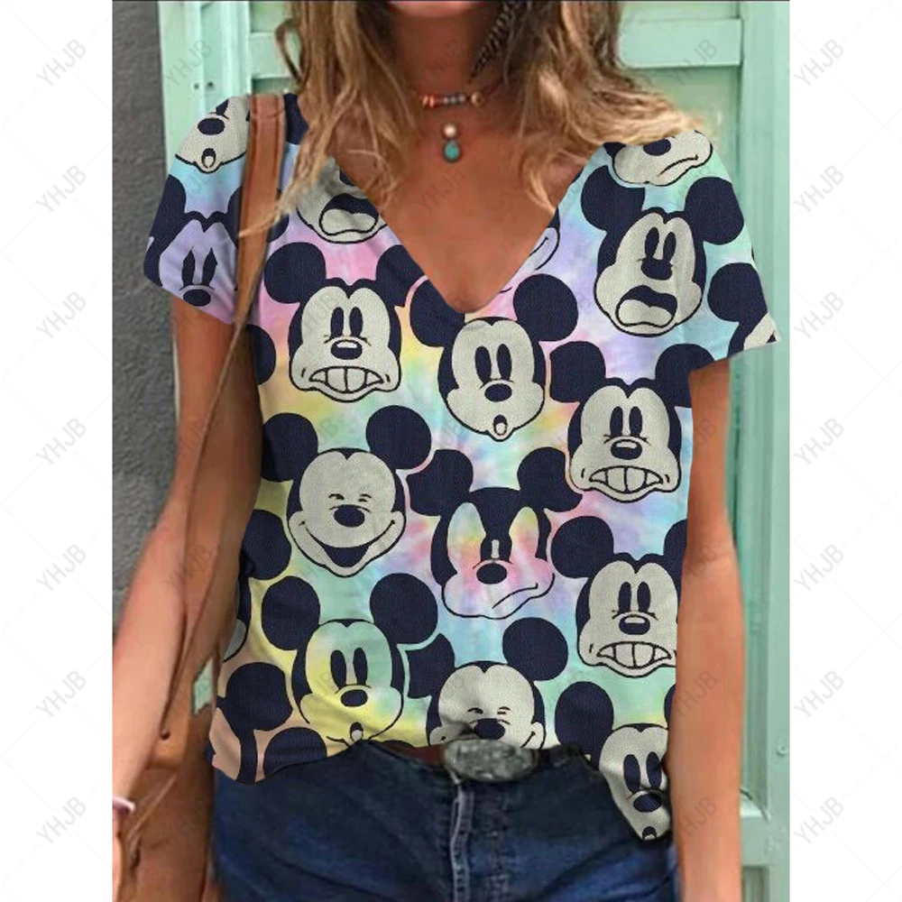 

Women's T-shirt Disney Mickey Mouse Loose Leisure Summer Short Sleeve V-Neck Kawaii Tee Shirts Minnie Funny Femininity Clothing