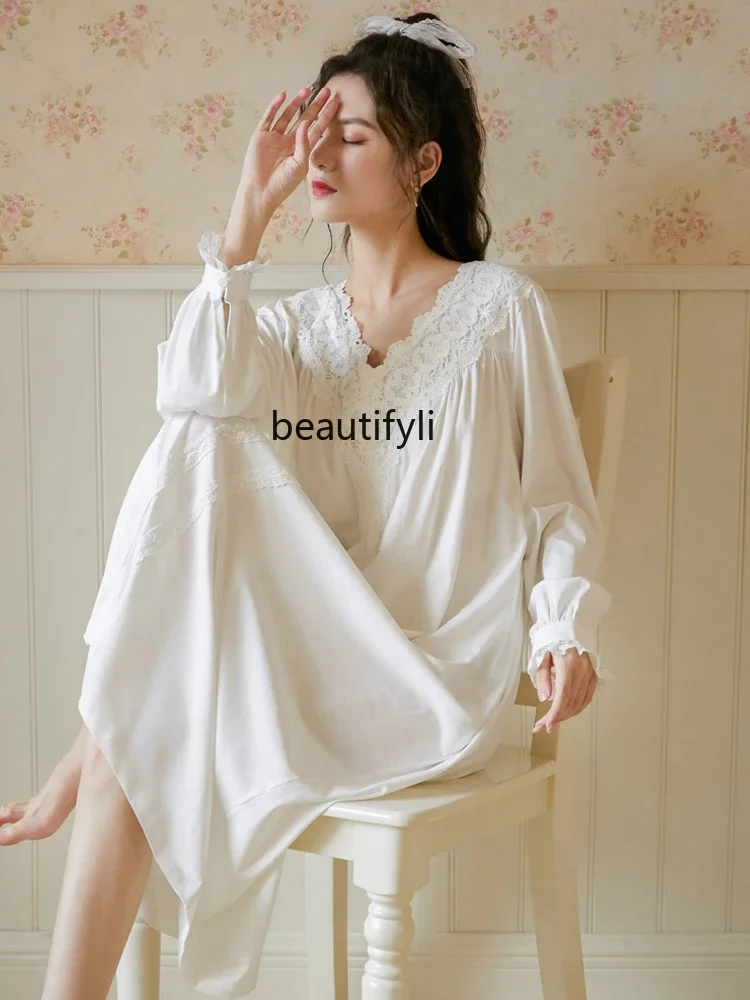 White Cotton French Nightgown Vintage Court Style Pajamas Long Sleeve