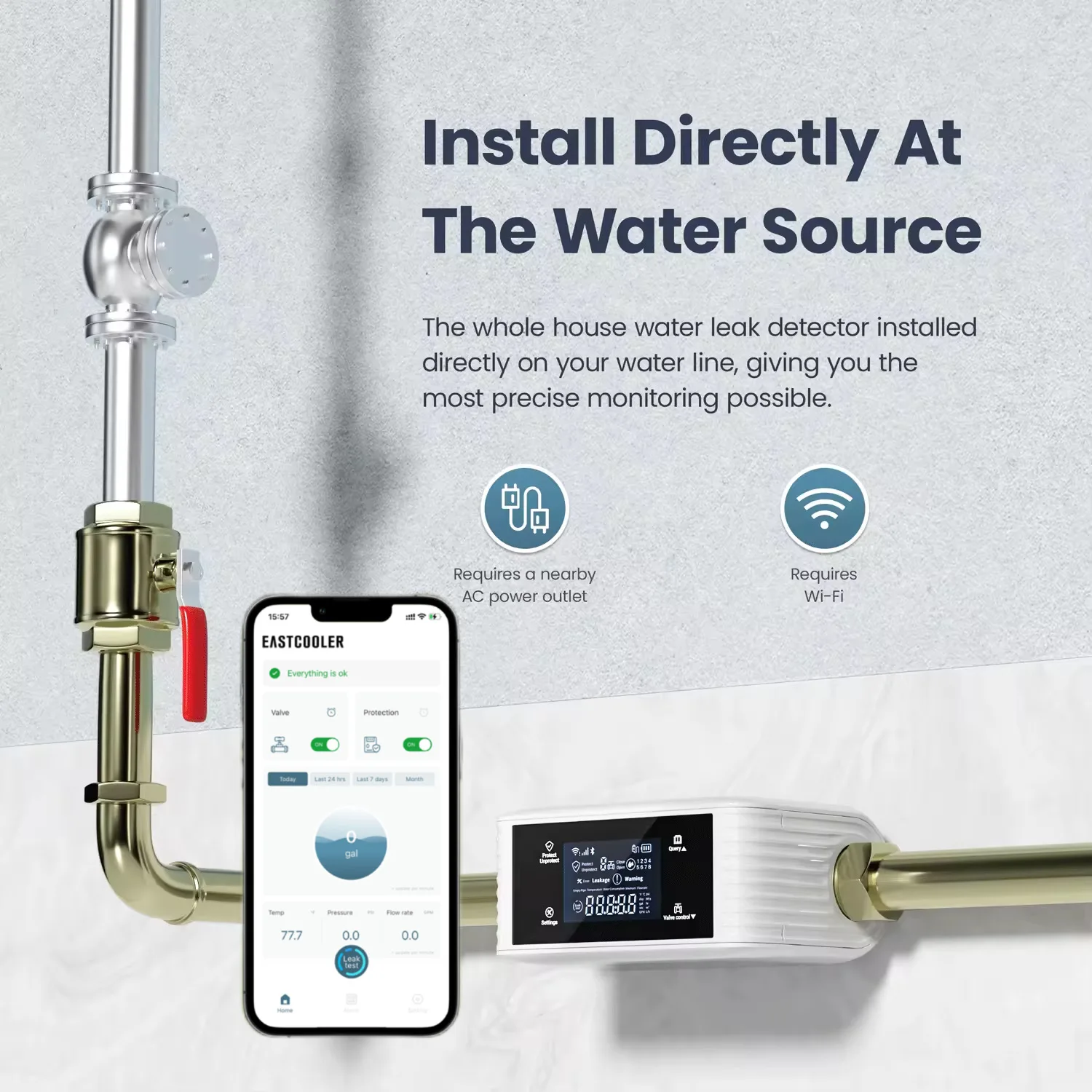 Energy Saving Digital WiFi Smart Temperature Display Water Monitor 0.01-18GPM Water Dripping Leak Protection Detection