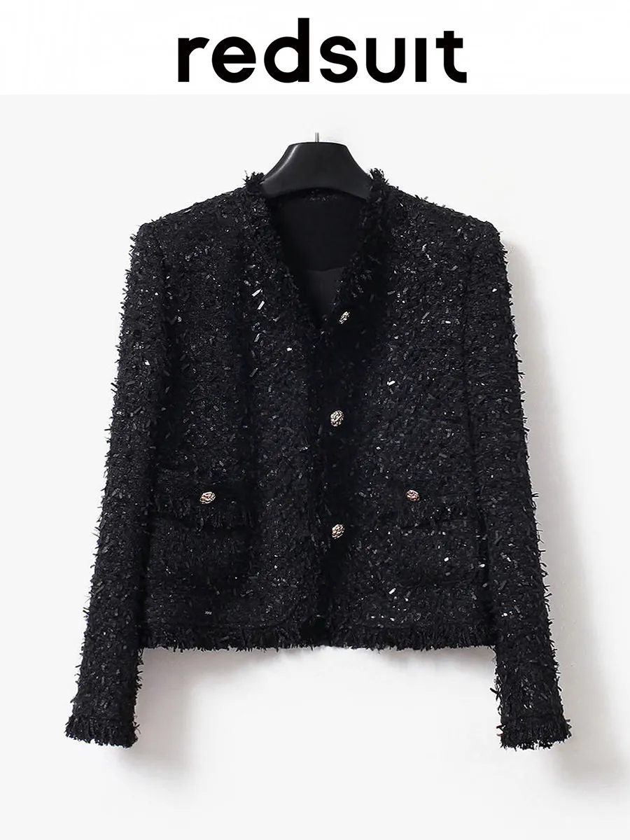 New High end floral yarn, coarse floral woolen round neck, black tassel jacket, socialite style top Custom size