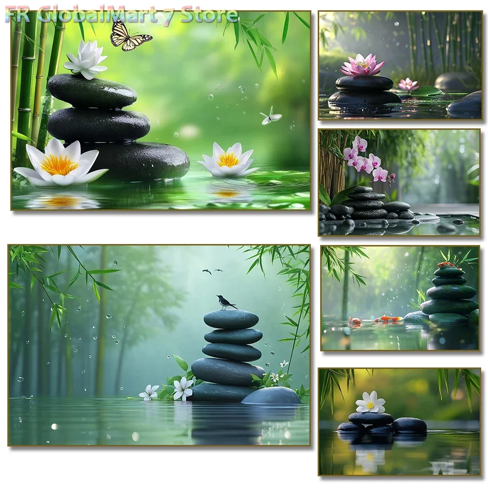1pc framless Diamond Painting Zen Stones and White Lotus Diamond Painting, Bamboo and Butterfly Poster Print Wall Art, Calming