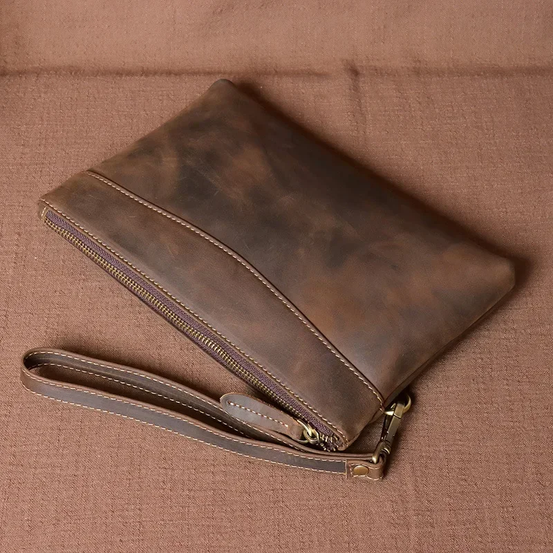 Crazy Horse Leather Men Clutch Vintage Retro Convertible Handheld Messenger Bag Large Capacity Durable Spacious Luxury Designer
