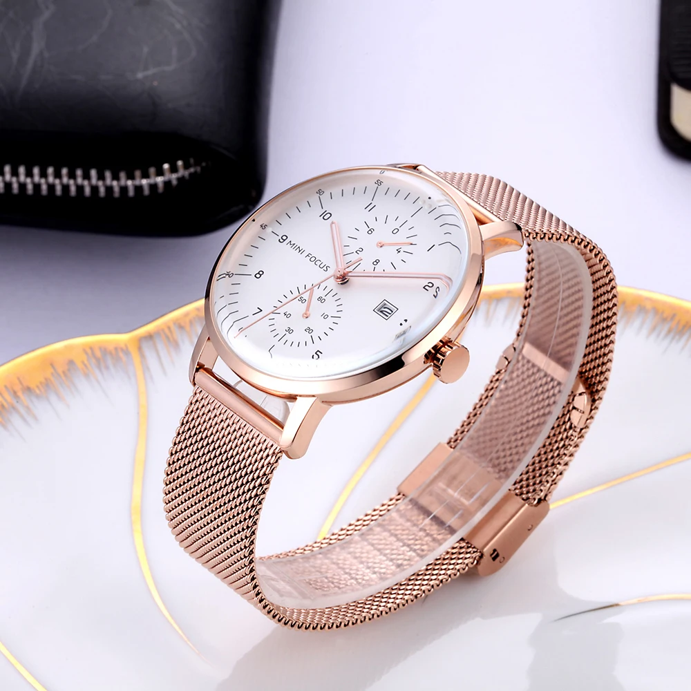 MINI FOCUS 0052 Business Männer Armbanduhr Kalender Leuchtende Wasserdichte Stahl Mesh-Armband Casual Quarz Uhren für Mann reloj hombre