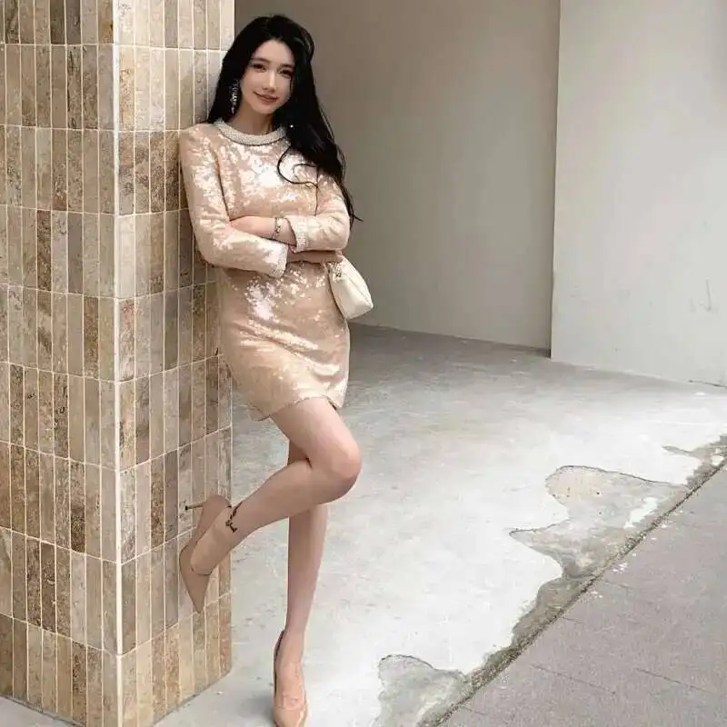 Luxury 2025 Summer Holiday Pearls Sequins Short Dress Women\'s Long Sleve Party Evening Midi Vestidos
