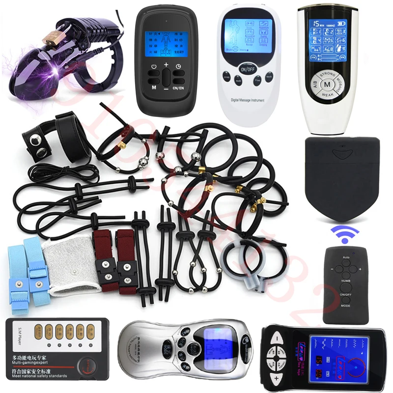 SM Power Box Electric Shock Penis Ring Cock Cage Electro Stimulation Glans Massage Sleeve Penis Extender Men Masturbator Sex Toy