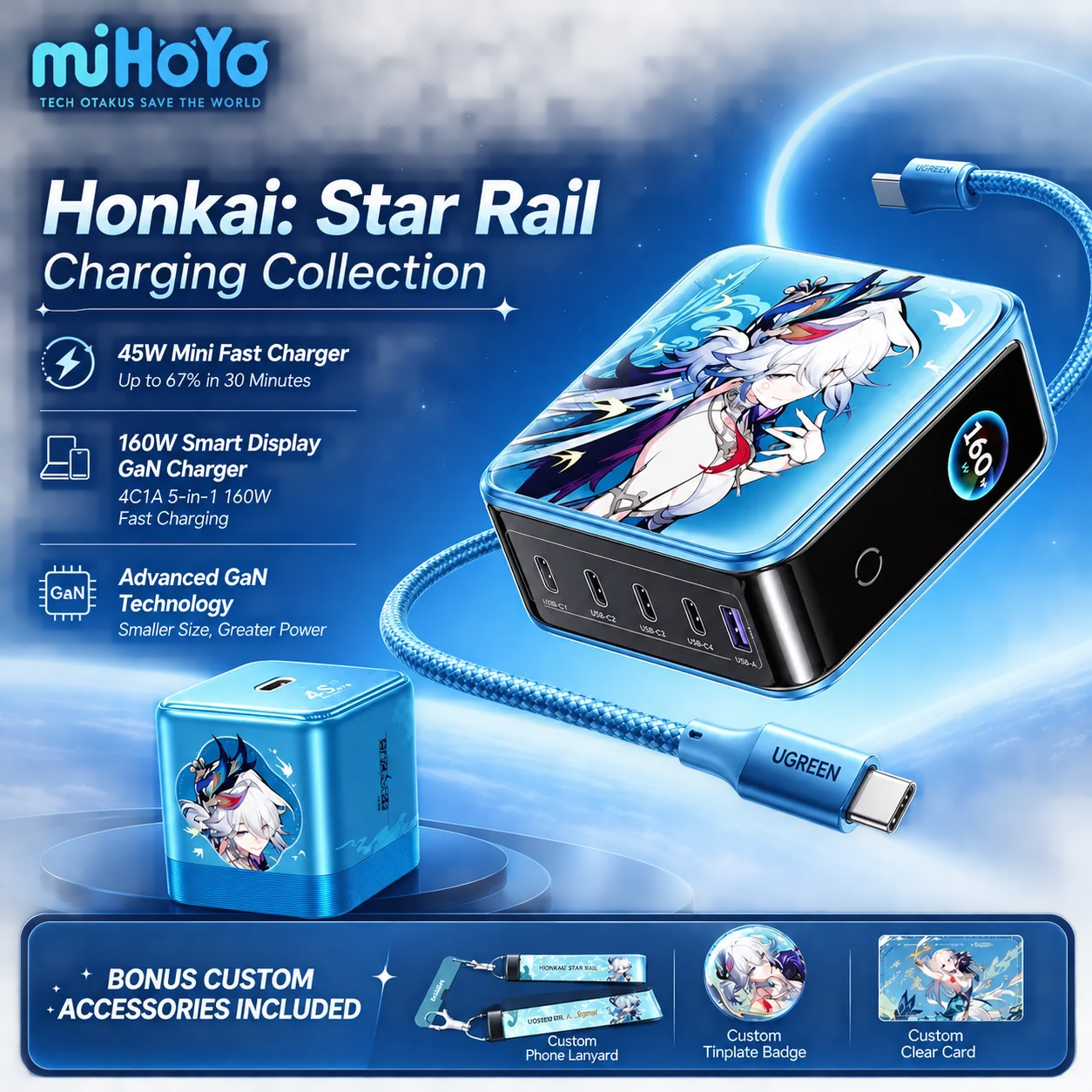 MiHoYo Honkai Star Rail Yao Guang GaN Charger Digital Display 4C1A Multi Port PD Fast Charging Block For Laptop And iPhone