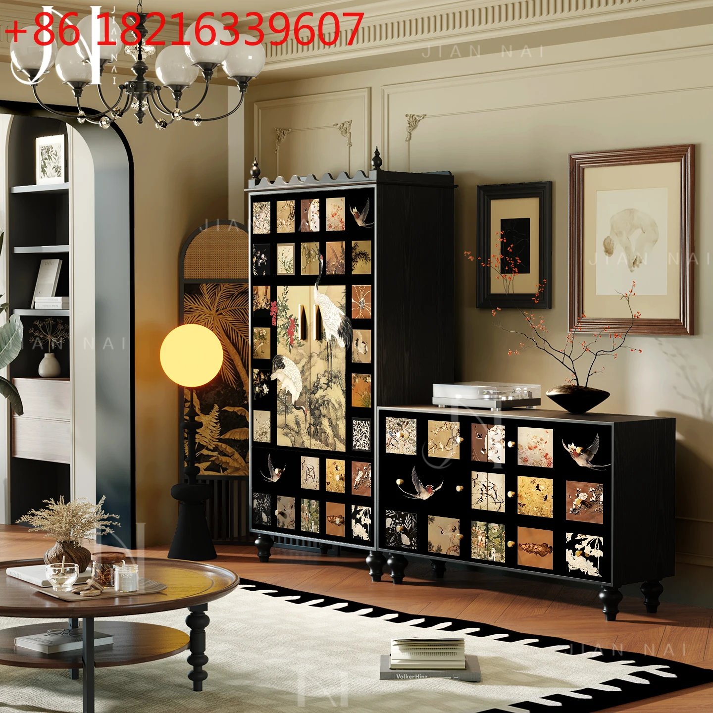 Armario de madera maciza con grulla de estilo chino, almacenamiento para sala de estar y comedor contra la pared