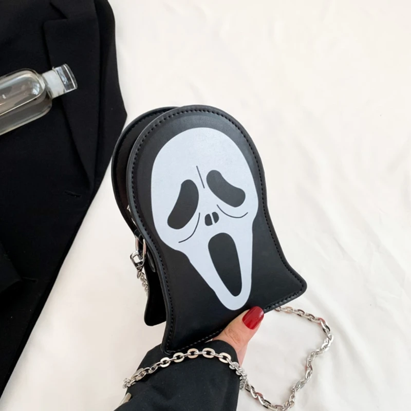 Bolsa de ombro padrão crânio couro PU Halloween, com zíper na moda, bolsa tiracolo, bolsa casual para compras, mini bolsa corrente, padrão fantasma