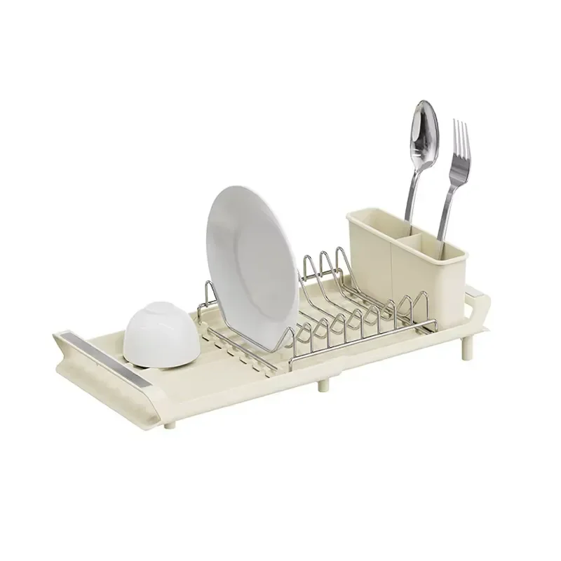 Modern Retractable Long Sink Top Dish Rack Foldable Single Layer PP and Wire with Cutlery Rack