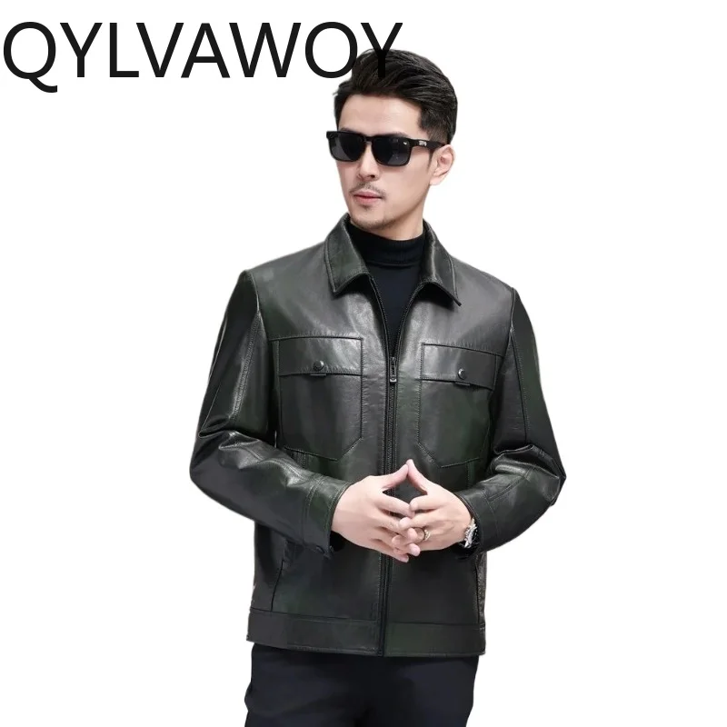 QYLVAWOY Top Layer Waxed Sheepskin Real Leather Jacket Men High Quality Genuine Leather Coat Mulberry Silk Liner Short Outerwear