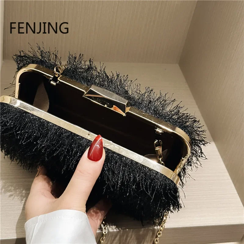 Cute Fluffy Women Tassel Feather Handbag Evening Clutch Bag for Prom Banquet Clutches Metal Chain Crossbody Messenger Purse Prom