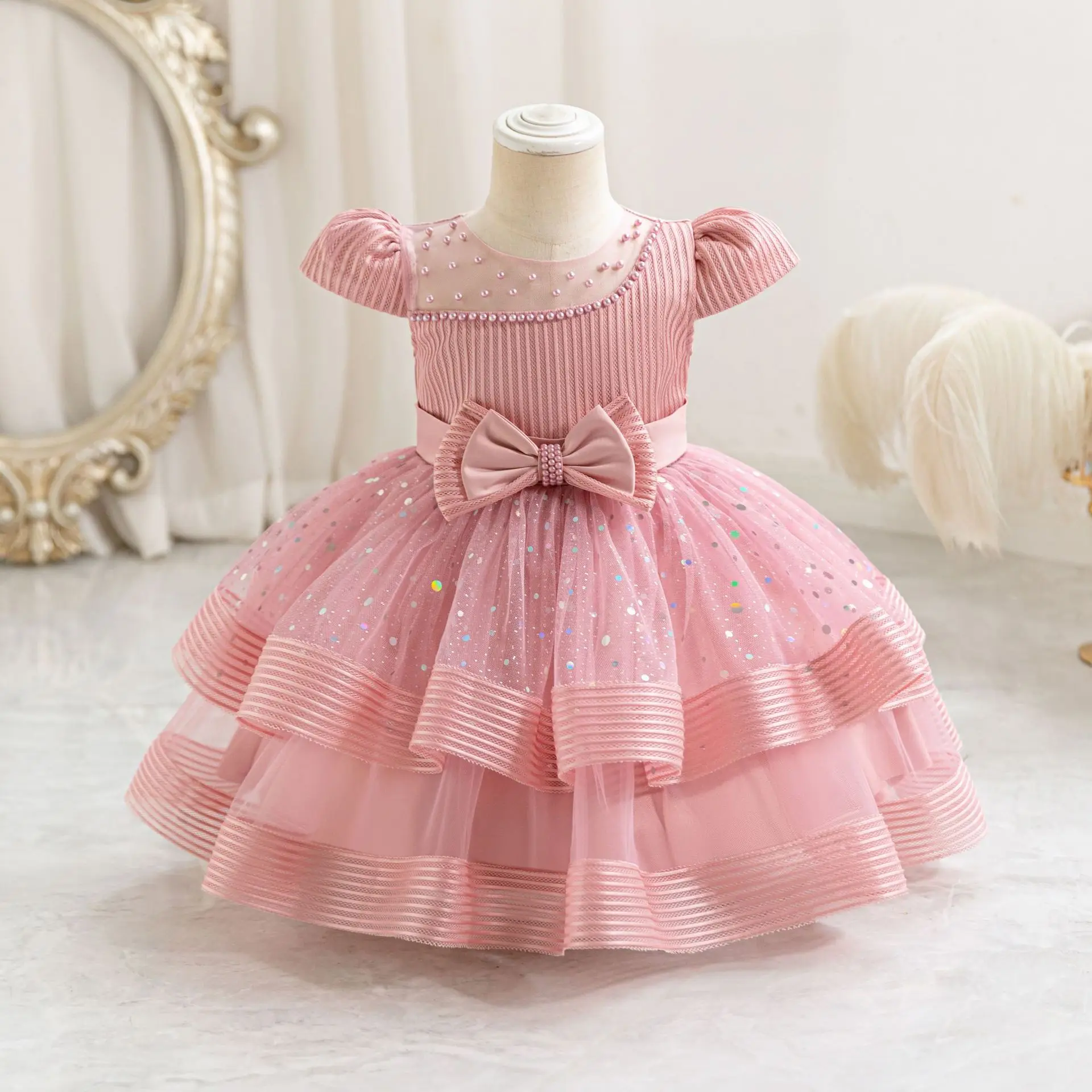 N60 Sweet Memory Flower Girl Dress Baby Dress Little Kids Dresses Christmas Sequins Pom Gown Girl Birthday Party Dresses