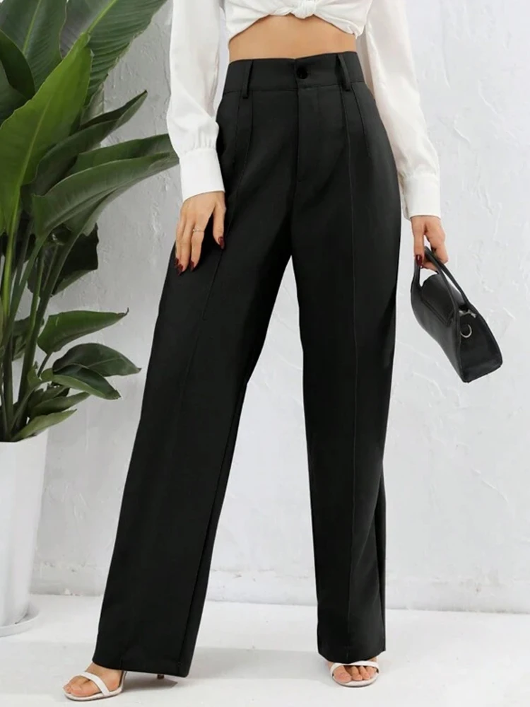 TRAF Women Fashion With Pleat Front Pockets Wide Leg Pants Vintage High Waist Zipper Female Trousers Mujer Female Suit Pants