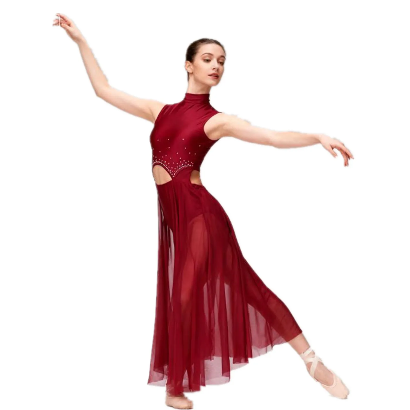 Womens Gymnastics Artistic Figure Skating Ballet Lyrical Dance Dress Stage Performance Costume Rhinestone Split Leotard Dresses