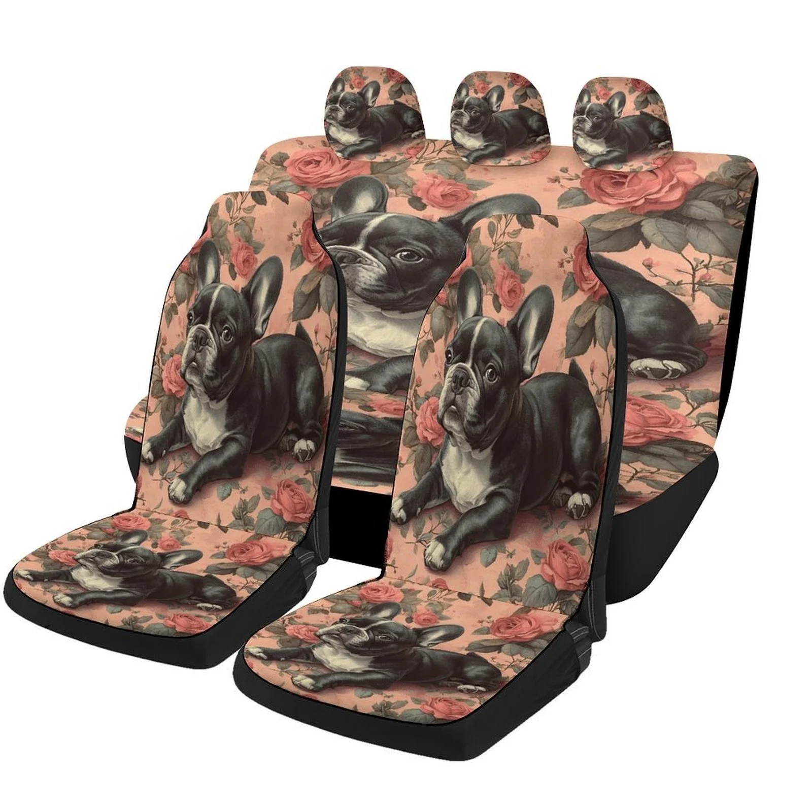 French Bulldog Puppy Car Seat Cover Set For Most Vehicles - Fit For 2-Seat Cars (Front & Rear Seats), Cute Frenchie Dog Design,