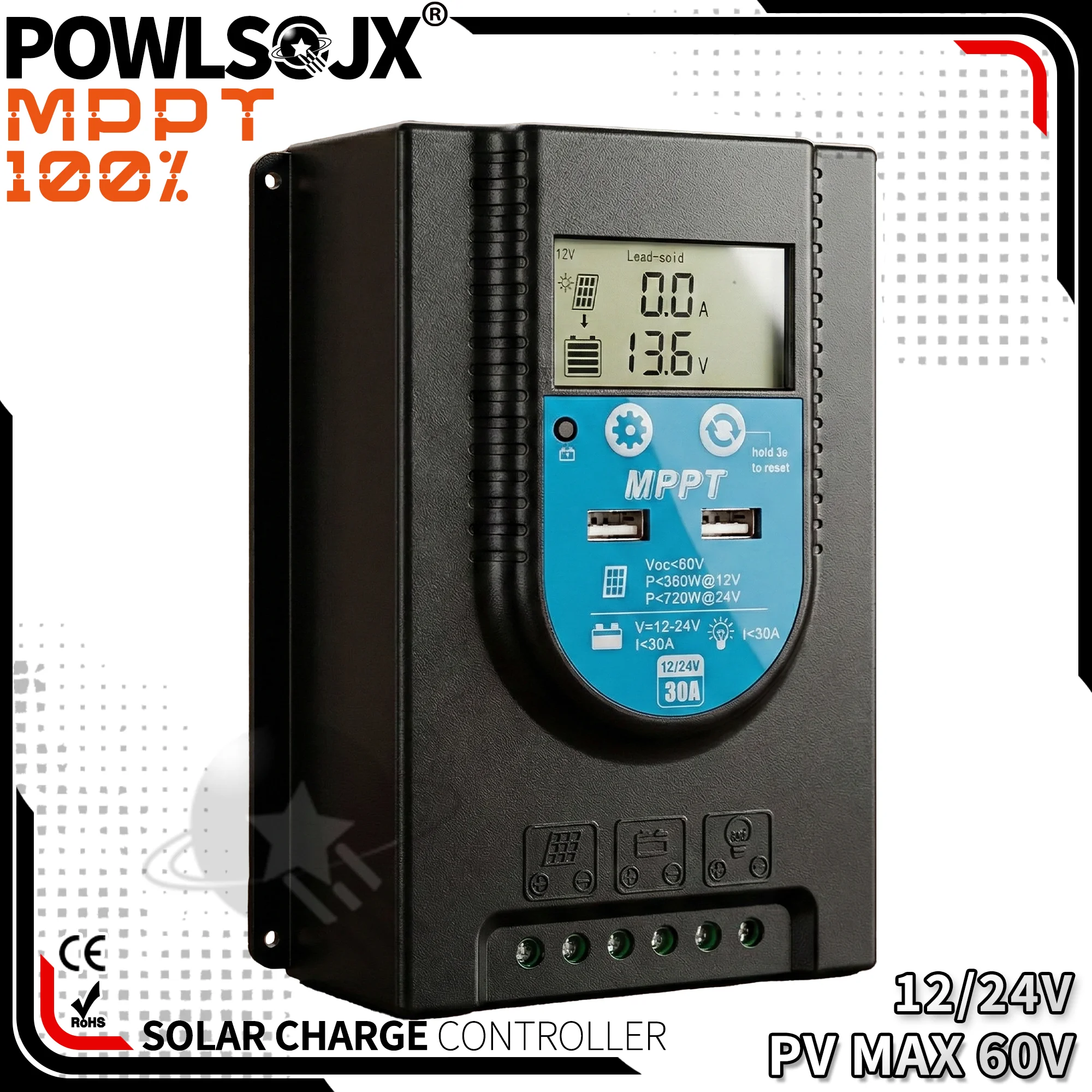 POWLSOJX 30A MPPT Solar Charge Controller 12V/24V Auto Fan Cooled Regulator for LiFePO4