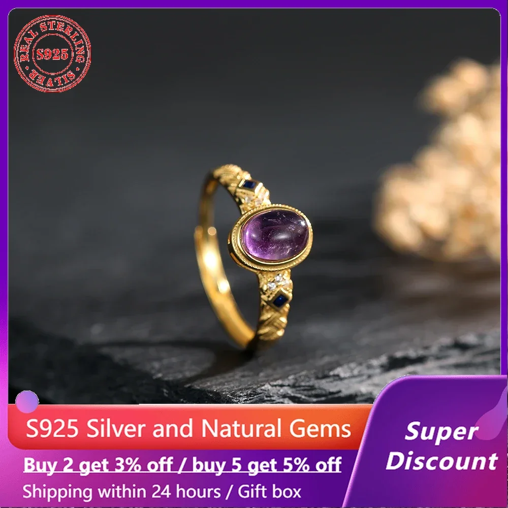 

Luxury 925 silver plated 18k gold ring with natural gemstone amethyst women's ring, high-end engagement and wedding jewelry