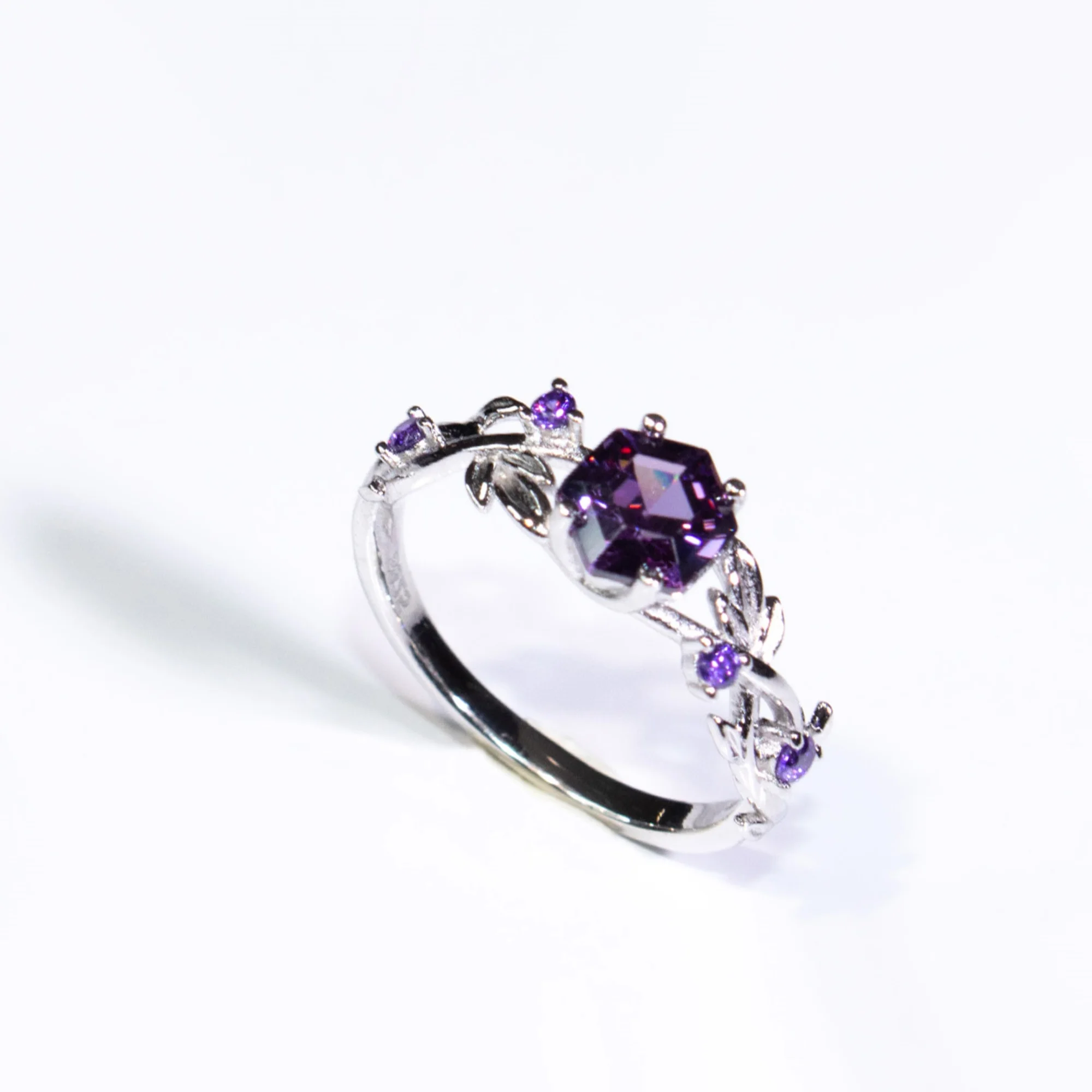 Violet Hexagon Ring Wedding Fine Jewelry 925 Silver Flower Rings