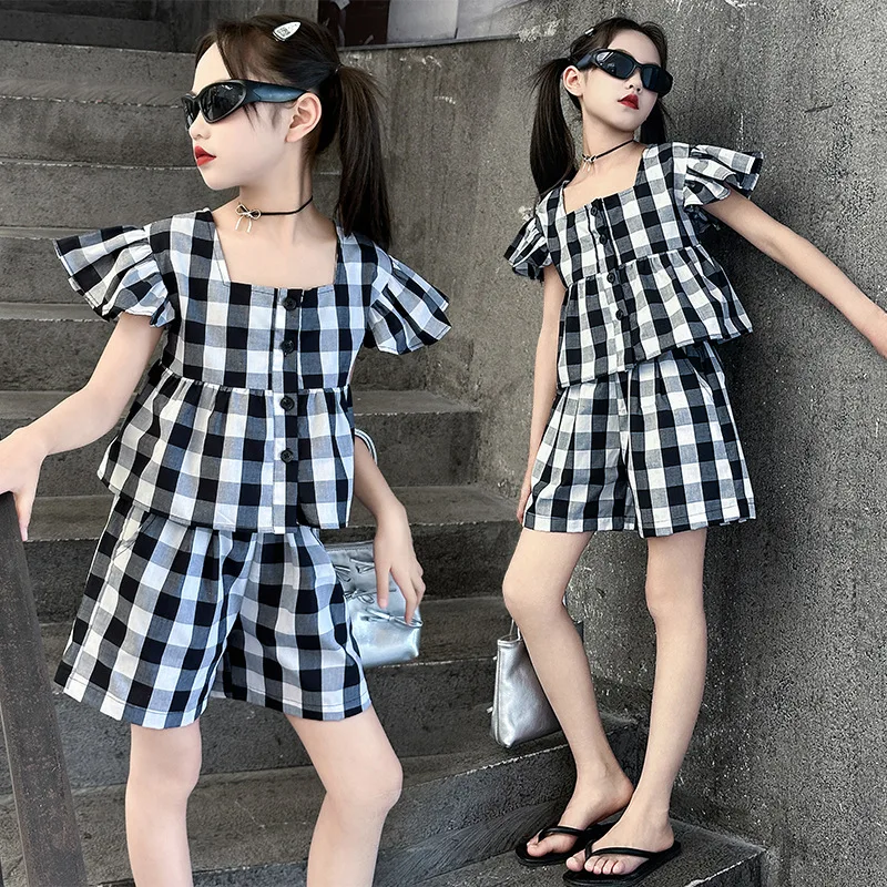 

Summer Girls Clothes Fashion Flying Sleeve Shirt + Shorts Outfits Plaid Children Clothing Sets Teenager Kids Short Sleeve Suit