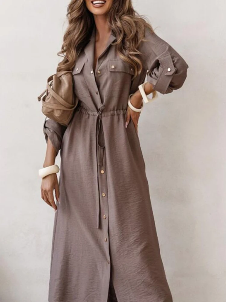 Abito lungo da donna elegante con tasca per pendolari Abito lungo con risvolto monopetto alla moda Abito autunno nuovo abito a trapezio sottile in puro colore vintage