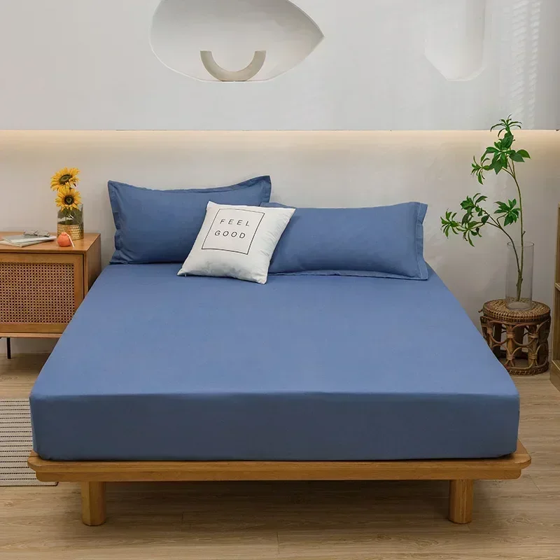 

Solid color washed cotton full coverage bed sheet, anti slip mattress protective cover 255