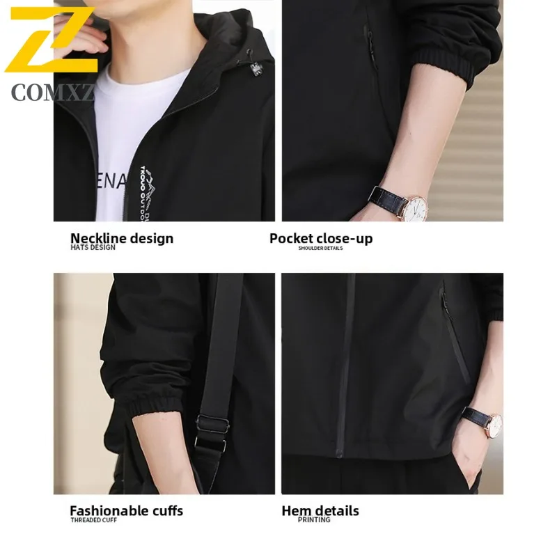 COMXZ 2025 Mens Mountain Hooded Jacket Youth Casual Windbreaker Coat Outdoor Waterproof Outerwear