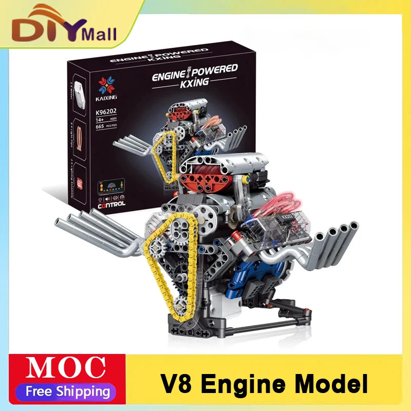 

MOC 665PCS V8 Модель двигателя Строительный комплект DIY Спортивный автомобиль Мотор-головоломка с рабочими порами STEM Развивающая игрушка для взрослых подростков
