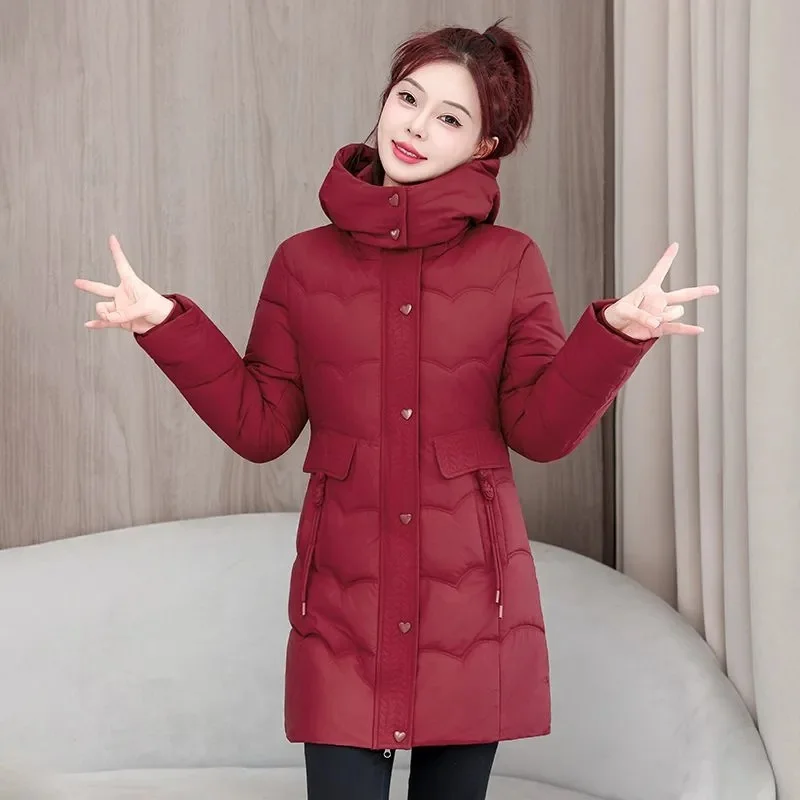 

2025Winter Women Jacket Coats Mid Long Parkas Female Down Cotton Hooded Overcoat Thick Warm Jackets Windproof Casual Ladies Coat
