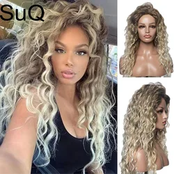 SuQ Synthetic Deep Wave Curly Wig Long Blonde Hair Wigs for Women Freepart Hairline Brown Roots Ombre Wig Natural Fluffy Wavy