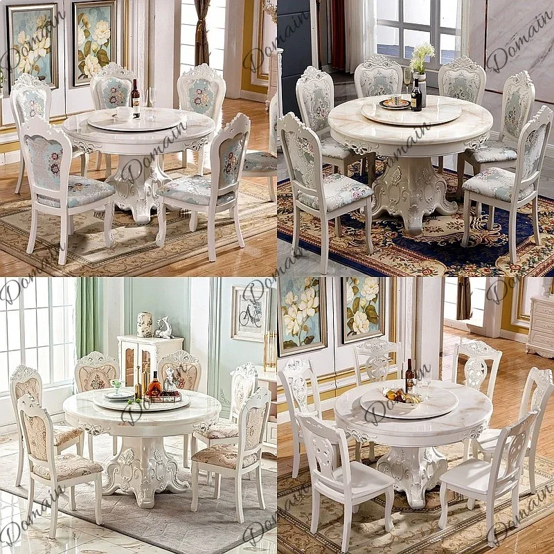 XX Marble Dining Table Set 1 Table 6 Chairs Round Table With Lazy Susan Solid Wood Home Furniture