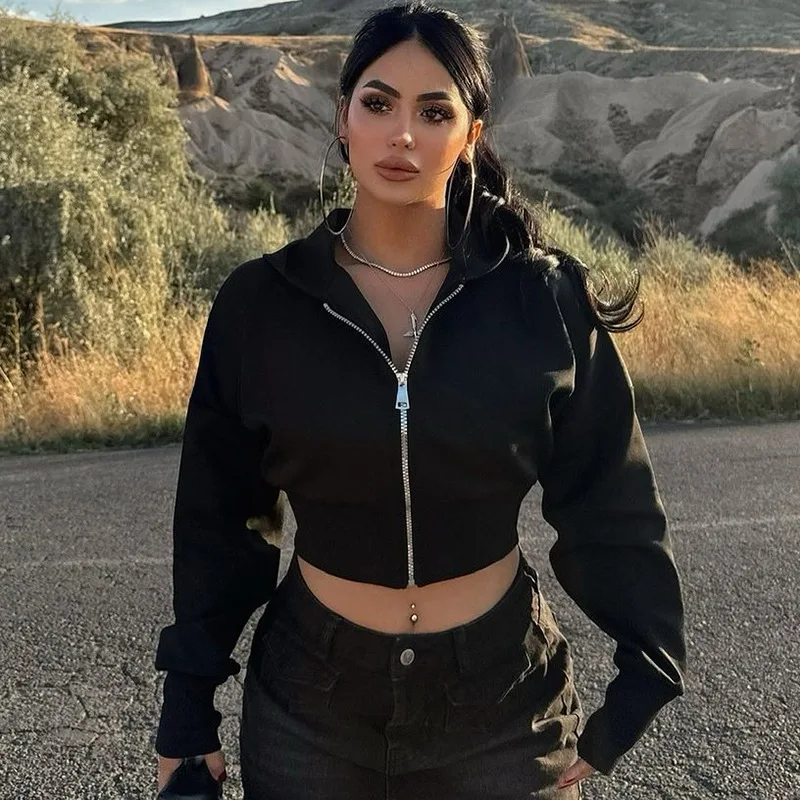 Casual Short Hooded Sweatshirt Women Zip Up Hoodies Mujer Solid Harajuku Long Sleeve Slim Fit Crop Top Female Jackets Coat