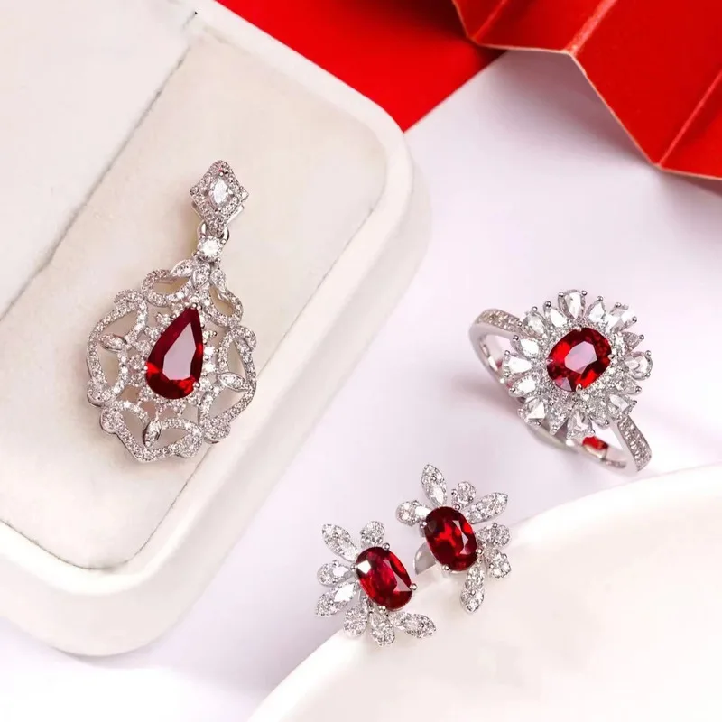 925 sterling silver exquisite high-end pigeon blood red set jewelry temperament ring earring necklace women's three piece set