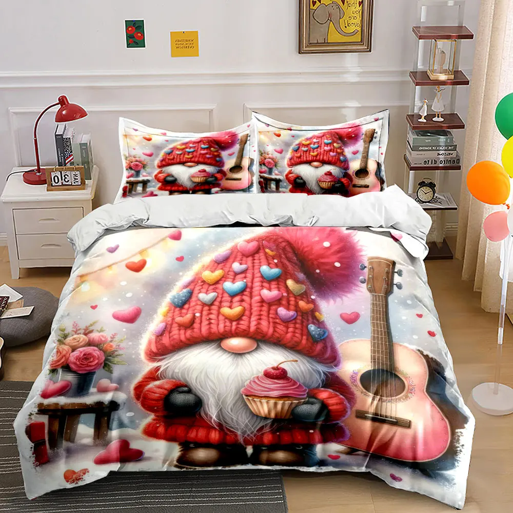 Adorable gnome with cupcake guitar roses in the background Print Duvet Cover Bedding Set Included 1*Duvet Cover 2*Pillowcases