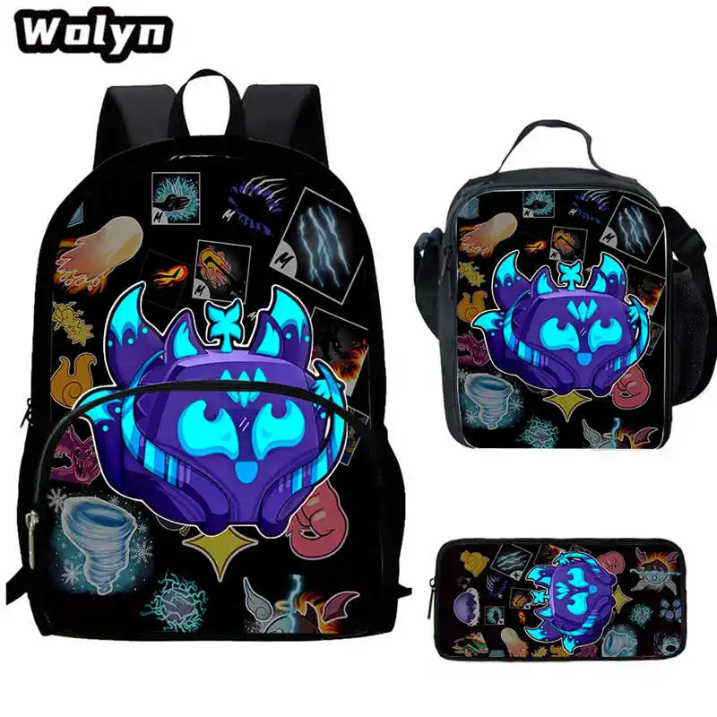 Sacos escolares dos desenhos animados com estampas de frutas, mochilas escolares, lancheira, estojo de lápis, meninos e meninas, 3pcs