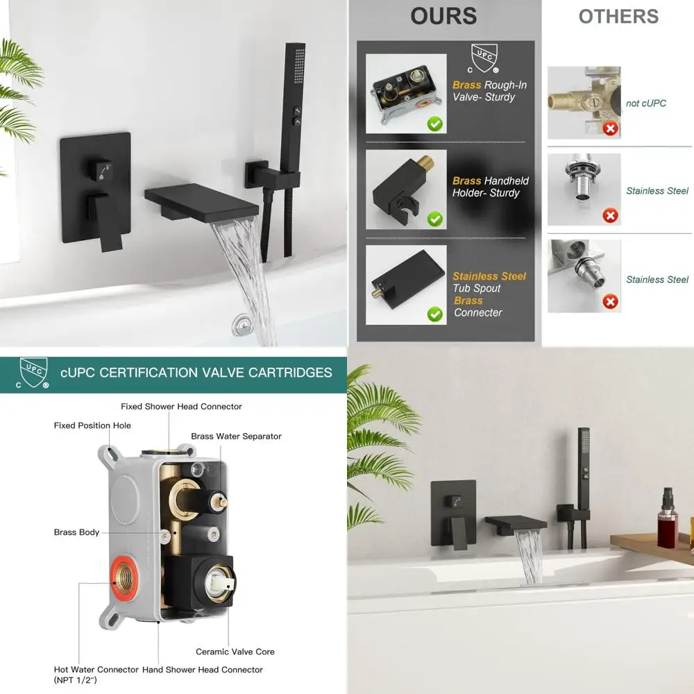 

Wall-Mounted Bathtub Faucet with Waterfall Spout and Handheld Shower, Bathroom Tub Filler System