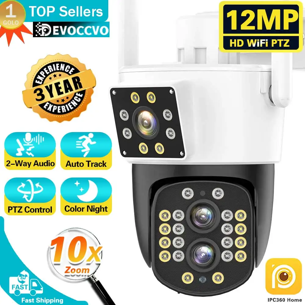 

6K WiFi Camera Outdoor 12MP 10X Zoom Three Lens Dual Screens CCTV Video Cam Auto Tracking Security Protection Surveillance