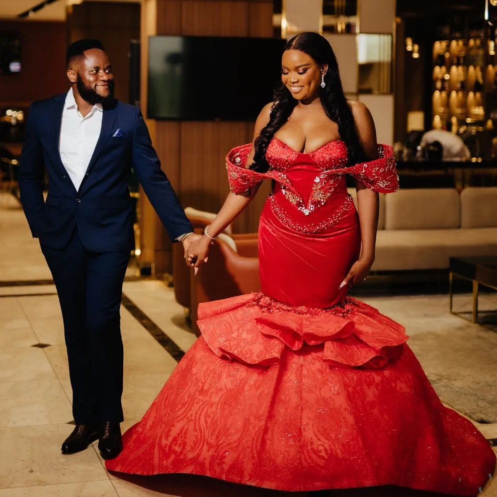 عيد الميلاد حورية البحر فساتين لحضور الحفلات الموسيقية قبالة الكتف الخرز الدانتيل المتدرج منتفخ أسفل الدانتيل فستان حفلات الزفاف Aso Ebi الجلباب دي سواريه #4