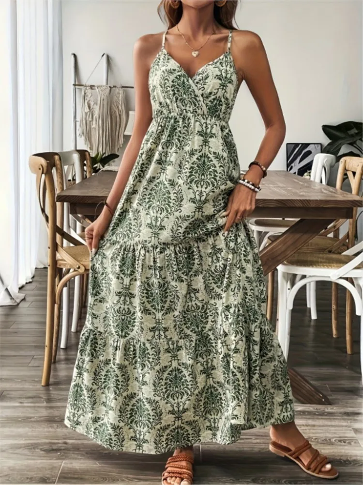 

20205 Summer Beachwear Dress Spaghetti Strap French Vestidos Sexy Vestido Largos Holiday Vacation Backless Sleeveless Printed