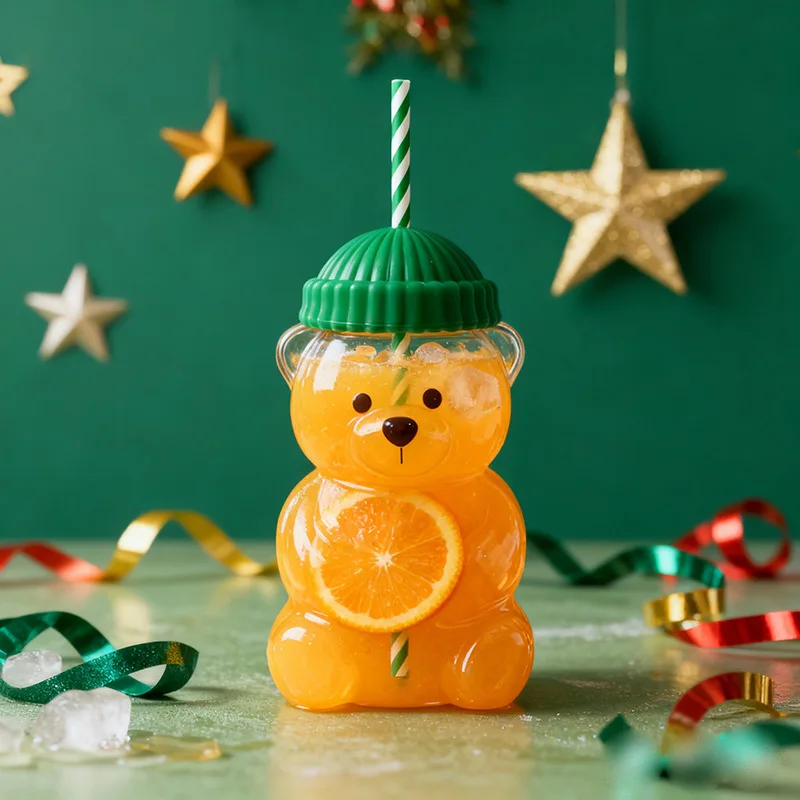 Novo para starbucks bonito animal urso palha copo de plástico café vidro transparente para homens mulheres aniversário presente natal xícara de café