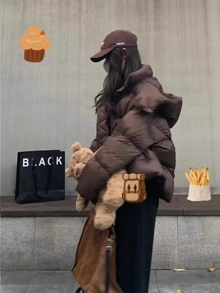 Korean Style Women's Cotton Jacket Thickened Hooded Bread 3D Multi-Functional Small Size Winter Coat Long Sleeve Zipper