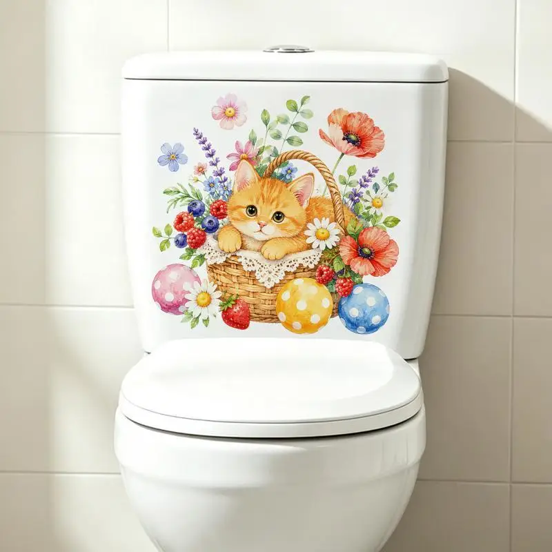 Self Adhesive Waterproof Toilet Sticker With Cute Orange Cat Floral Pattern For Bath Decor