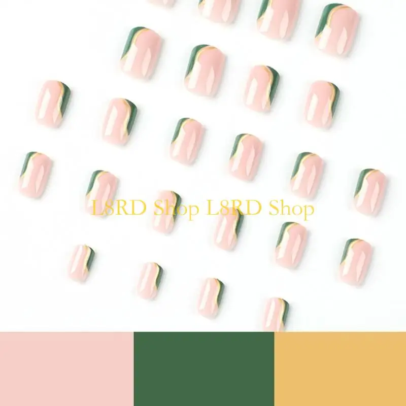 L8RD 24 Pcs French Tip Press On Short Square False Acrylic Green Full Cover On